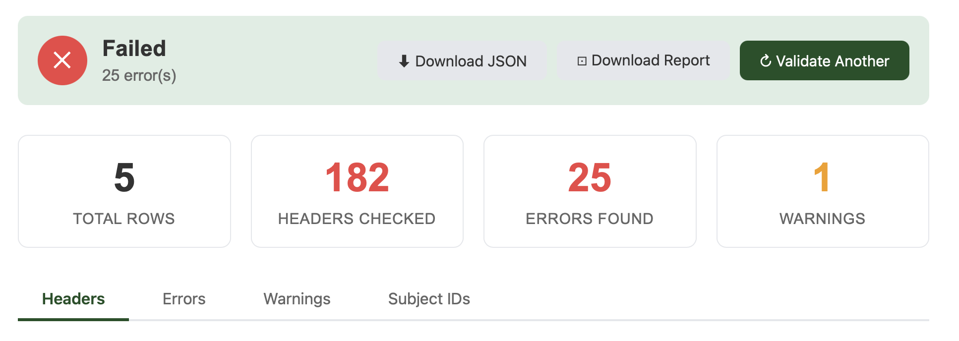 Validation results showing failed status with rows checked, errors found, warnings, and options to download results or validate another file